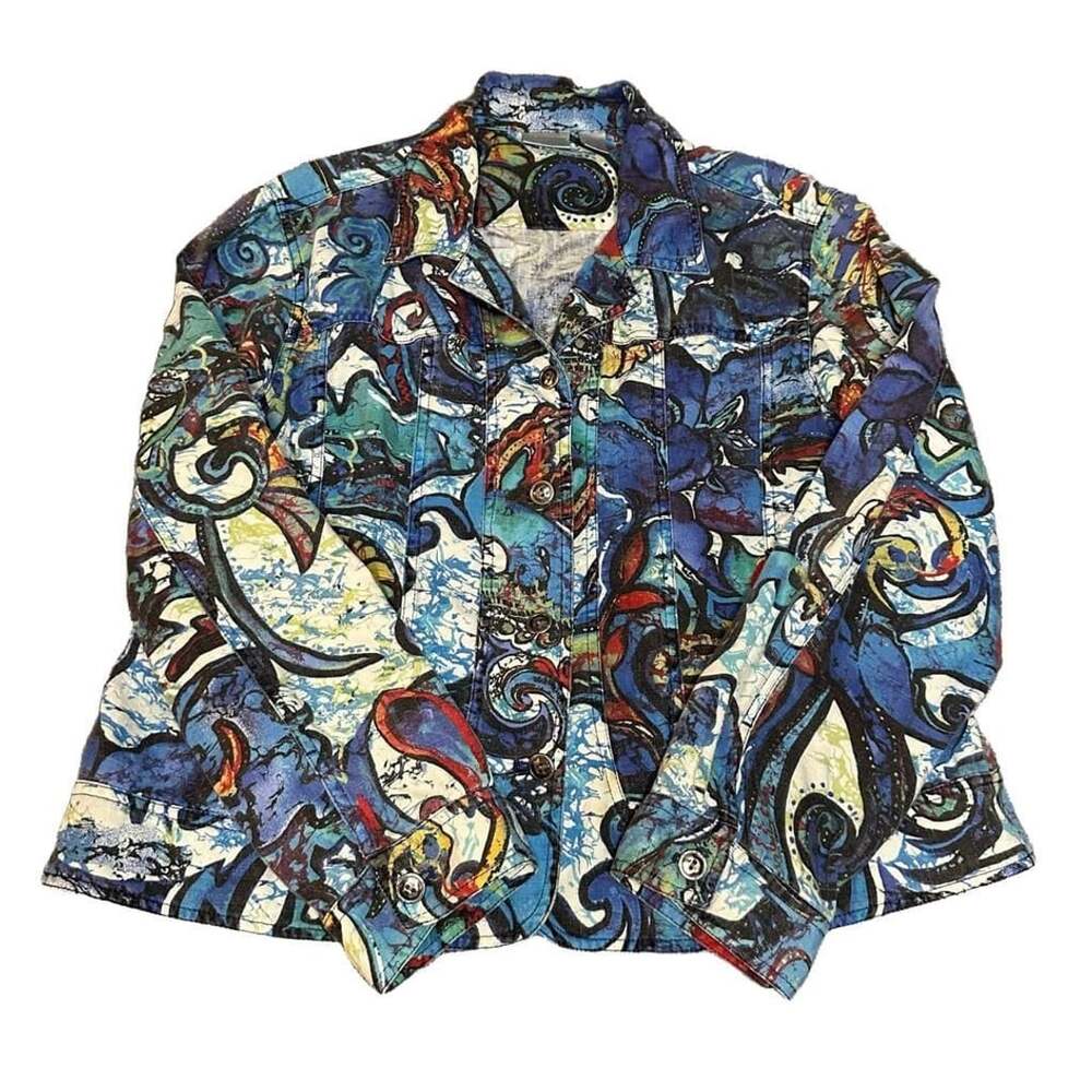 Chico's Blue Multicolor Abstract Pattern Linen Cotton Button-Up Jacket Size 3